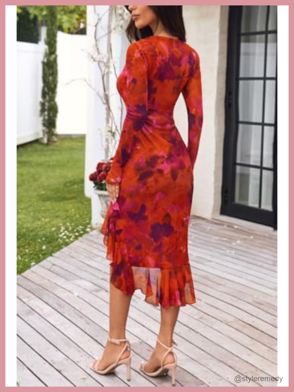 Women's Long Sleeve Bodycon Midi Dress Square Neck Ruched Side Mesh Floral - Picture 4 of 6